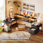 PRAISUN 66" L Shaped Gaming Desk with LED Lights & Power Outlets, Computer Desk with Fabric Drawers and Print Stand, Corner Office Desk, Monitor Stand, Mesh CPU Stand, Black