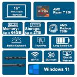 Dell 16 Business Laptop 16" WUXGA Touchscreen AMD 8-core Ryzen 7 250 16GB DDR5 1TB SSD Backlit ExpressCharge Wi-Fi6 for Creator Designer Business Professional Win11