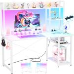 Cyclysio Gaming Desk with Hutch, 47'' Computer Desk with LED Lights & Power Outlets, Home Office Desk with Reversible 5 Tiers Storage Shelves & Monitor Stand, Small Gaming Table for Small Space, White