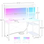 Cyclysio Gaming Desk with Hutch, 47'' Computer Desk with LED Lights & Power Outlets, Home Office Desk with Reversible 5 Tiers Storage Shelves & Monitor Stand, Small Gaming Table for Small Space, White