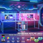 Cyclysio Gaming Desk with Hutch, 47'' Computer Desk with LED Lights & Power Outlets, Home Office Desk with Reversible 5 Tiers Storage Shelves & Monitor Stand, Small Gaming Table for Small Space, White