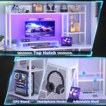 Cyclysio Gaming Desk with Hutch, 47'' Computer Desk with LED Lights & Power Outlets, Home Office Desk with Reversible 5 Tiers Storage Shelves & Monitor Stand, Small Gaming Table for Small Space, White