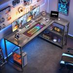 Huuger L Shaped Desk, 55 Inches Computer Desk with Reversible Storage Shelves, for Gaming Corner Home Office Writing Study, Metal Frame, Gray