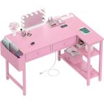 DLisiting Pink Reversible L Shaped Desk with Drawers and Shelves, Small Kids Study Vanity PC Computer Desk with Storage for Girls, Corner L-Shaped Desks for Small Space Bedroom