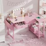 DLisiting Pink Reversible L Shaped Desk with Drawers and Shelves, Small Kids Study Vanity PC Computer Desk with Storage for Girls, Corner L-Shaped Desks for Small Space Bedroom