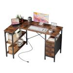DUMOS L Shaped Desk with Shelf Drawers 47 Inch, Brown Corner Computer Desks Gaming with Power Outlet, Study Table with Adjustable Shelves, Home Office Tables for Bedroom Teacher Reading Writing
