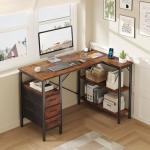 DUMOS L Shaped Desk with Shelf Drawers 47 Inch, Brown Corner Computer Desks Gaming with Power Outlet, Study Table with Adjustable Shelves, Home Office Tables for Bedroom Teacher Reading Writing