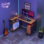 DUMOS L Shaped Desk with Shelf Drawers 47 Inch, Brown Corner Computer Desks Gaming with Power Outlet, Study Table with Adjustable Shelves, Home Office Tables for Bedroom Teacher Reading Writing