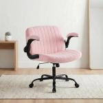 DUMOS Criss Cross Office Chair with Wheels, Wide Cross Legged Desk Vanity Chair Comfy Fabric Flip-Arms Adjustable Swivel Chairs for Home Computer Bedroom, Teddy Pink