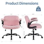 DUMOS Criss Cross Office Chair with Wheels, Wide Cross Legged Desk Vanity Chair Comfy Fabric Flip-Arms Adjustable Swivel Chairs for Home Computer Bedroom, Teddy Pink