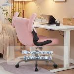 DUMOS Criss Cross Office Chair with Wheels, Wide Cross Legged Desk Vanity Chair Comfy Fabric Flip-Arms Adjustable Swivel Chairs for Home Computer Bedroom, Teddy Pink