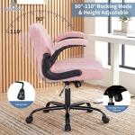 DUMOS Criss Cross Office Chair with Wheels, Wide Cross Legged Desk Vanity Chair Comfy Fabric Flip-Arms Adjustable Swivel Chairs for Home Computer Bedroom, Teddy Pink