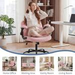 DUMOS Criss Cross Office Chair with Wheels, Wide Cross Legged Desk Vanity Chair Comfy Fabric Flip-Arms Adjustable Swivel Chairs for Home Computer Bedroom, Teddy Pink