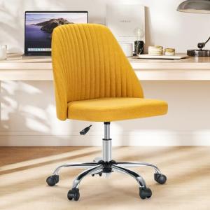 Sweetcrispy Armless Vanity Chair, Cute Comfy Home Office Desk Chair with Wheels, Modern Upholstered Task Computer Seat for Bedroom, Study, Makeup Vanity, Height Adjustable & Swivel, Yellow