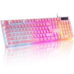 Light Up Cute Pink Gaming Keyboard, 104 Keys Full Size, Number Pad, 19 Keys Anti-Ghosting, Multimedia Function Keys, 3 Colors LED Backlit, USB Wired Creamy Keyboard for PC, Computer, Desktop, Laptop
