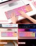 Light Up Cute Pink Gaming Keyboard, 104 Keys Full Size, Number Pad, 19 Keys Anti-Ghosting, Multimedia Function Keys, 3 Colors LED Backlit, USB Wired Creamy Keyboard for PC, Computer, Desktop, Laptop
