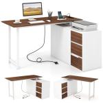 GOFLAME 54.5” L Shaped Computer Desk with Power Outlet, Reversible Corner Desk with File Cabinet and 3 Drawers, PC Desk Study Writing Table Workstation for Home Office, Small Space, Brown & White