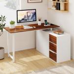 GOFLAME 54.5” L Shaped Computer Desk with Power Outlet, Reversible Corner Desk with File Cabinet and 3 Drawers, PC Desk Study Writing Table Workstation for Home Office, Small Space, Brown & White
