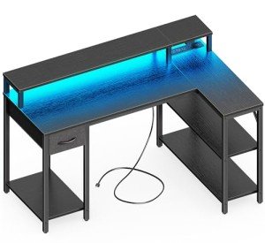 47 Inch L Shaped Desk with LED and Outlets