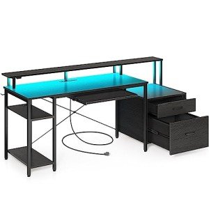 Rolanstar 59" Gaming Desk with LED Lights & Storage