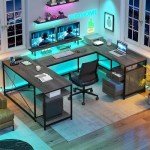 YITAHOME U-Shaped Desk with Power Outlets & LED
