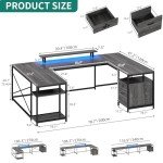 YITAHOME U-Shaped Desk with Power Outlets & LED