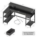 53" Reversible L-Shaped Desk with LED Lights