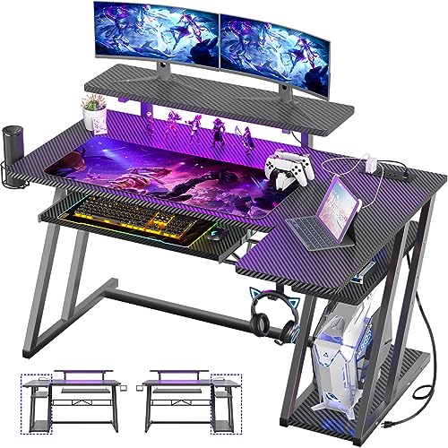 L-Shaped Gaming Desk with Shelves and LED Lights