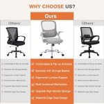 Sweetcrispy Office Computer Desk Chair, Ergonomic Mid-Back Mesh Rolling Work Swivel Task Chairs with Wheels, Comfortable Lumbar Support, Comfy Flip-up Arms for Home, Bedroom, Study, Student, Gray