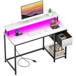 GreenForest White Computer Desk 47 Inch with LED Lights and Monitor Stand, Office Desk with Drawer for Small Spaces, Gaming Desk with Power Outlets and Shelf