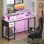 GreenForest White Computer Desk 47 Inch with LED Lights and Monitor Stand, Office Desk with Drawer for Small Spaces, Gaming Desk with Power Outlets and Shelf