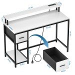GreenForest White Computer Desk 47 Inch with LED Lights and Monitor Stand, Office Desk with Drawer for Small Spaces, Gaming Desk with Power Outlets and Shelf
