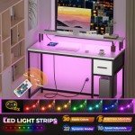 GreenForest White Computer Desk 47 Inch with LED Lights and Monitor Stand, Office Desk with Drawer for Small Spaces, Gaming Desk with Power Outlets and Shelf