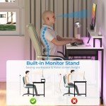 GreenForest White Computer Desk 47 Inch with LED Lights and Monitor Stand, Office Desk with Drawer for Small Spaces, Gaming Desk with Power Outlets and Shelf