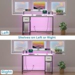 GreenForest White Computer Desk 47 Inch with LED Lights and Monitor Stand, Office Desk with Drawer for Small Spaces, Gaming Desk with Power Outlets and Shelf