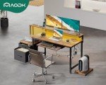 AODK 55" Computer Desk with Fabric File Cabinet and Drawer, Reversible Office Desk with Power Outlet and LED Light, Study Desk with Printer Stand, Keyboard Tray, Monitor Riser and PC Stand, Vintage