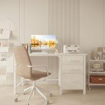 Lufeiya White Computer Desk with Fabric File Drawers Cabinet, 47 Inch Reversible Home Office Desks with Filing Cabinet for Small Space, Modern Writing Table PC Desks, White