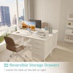 Lufeiya White Computer Desk with Fabric File Drawers Cabinet, 47 Inch Reversible Home Office Desks with Filing Cabinet for Small Space, Modern Writing Table PC Desks, White