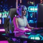 Sweetcrispy Computer Gaming Desk Chair - Ergonomic Office Executive Adjustable Swivel Task PU Leather Racing Chair with Flip-up Armrest for Adults, Kids, Men, Girls, Gamer, Black Blue