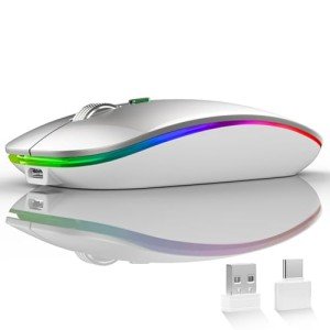 Uiosmuph LED Wireless Mouse, G12 Slim Rechargeable Silent Mouse, 2.4G Portable Optical Computer Mice with USB Receiver and Type C Adapter (Silver)