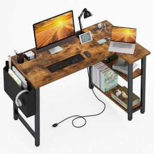 Lufeiya Small L Shaped Desk with Power Outlet Shelves, 40 Inch Reversible Corner Desk for Small Space Home Office, L-Shaped Computer Desk PC Desks with Charging Station, Rustic Brown