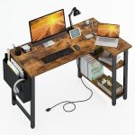 Lufeiya Small L Shaped Desk with Power Outlet Shelves, 40 Inch Reversible Corner Desk for Small Space Home Office, L-Shaped Computer Desk PC Desks with Charging Station, Rustic Brown