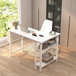 Lufeiya White L Shaped Computer Desk with Power Outlet Shelves, 40 Inch Small Reversible Corner Desk for Small Space Home Office, L-Shaped Desk PC Desks, White