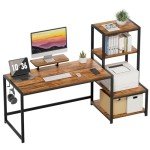 GreenForest Computer Desk 58 inch with Printer Shelf, Reversible Office Desk with Monitor Stand and 2 Hooks, Home Desk Workstation for Study Writing Working Gaming, Brown