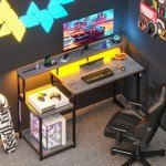 AODK Computer Desk, 48 Inch Gaming Desk with Led Lights & Power Outlet, Office Desk with Printer Storage Shelves, Reversible Desk with Monitor Shelf & Headphone Hook, Grey Oak