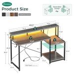 AODK Computer Desk, 48 Inch Gaming Desk with Led Lights & Power Outlet, Office Desk with Printer Storage Shelves, Reversible Desk with Monitor Shelf & Headphone Hook, Grey Oak