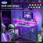 AODK Computer Desk, 48 Inch Gaming Desk with Led Lights & Power Outlet, Office Desk with Printer Storage Shelves, Reversible Desk with Monitor Shelf & Headphone Hook, Grey Oak