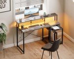 AODK Computer Desk, 48 Inch Gaming Desk with Led Lights & Power Outlet, Office Desk with Printer Storage Shelves, Reversible Desk with Monitor Shelf & Headphone Hook, Grey Oak