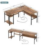 Unikito L Shaped Computer Desk with Magic Power Outlets and USB Charging Ports, Sturdy Reversible Corner Desk with Storage Shelves, Modern Work Desk for Home Office, Easy to Assemble, Rustic Brown
