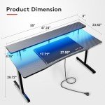 GTRACING 55 Inch Gaming Desk with LED Lights, Computer Gamer Desk with Monitor Stand, Ergonomic Carbon Fiber Surface Gaming Table with Mouse Pad for Home Office, RGB
